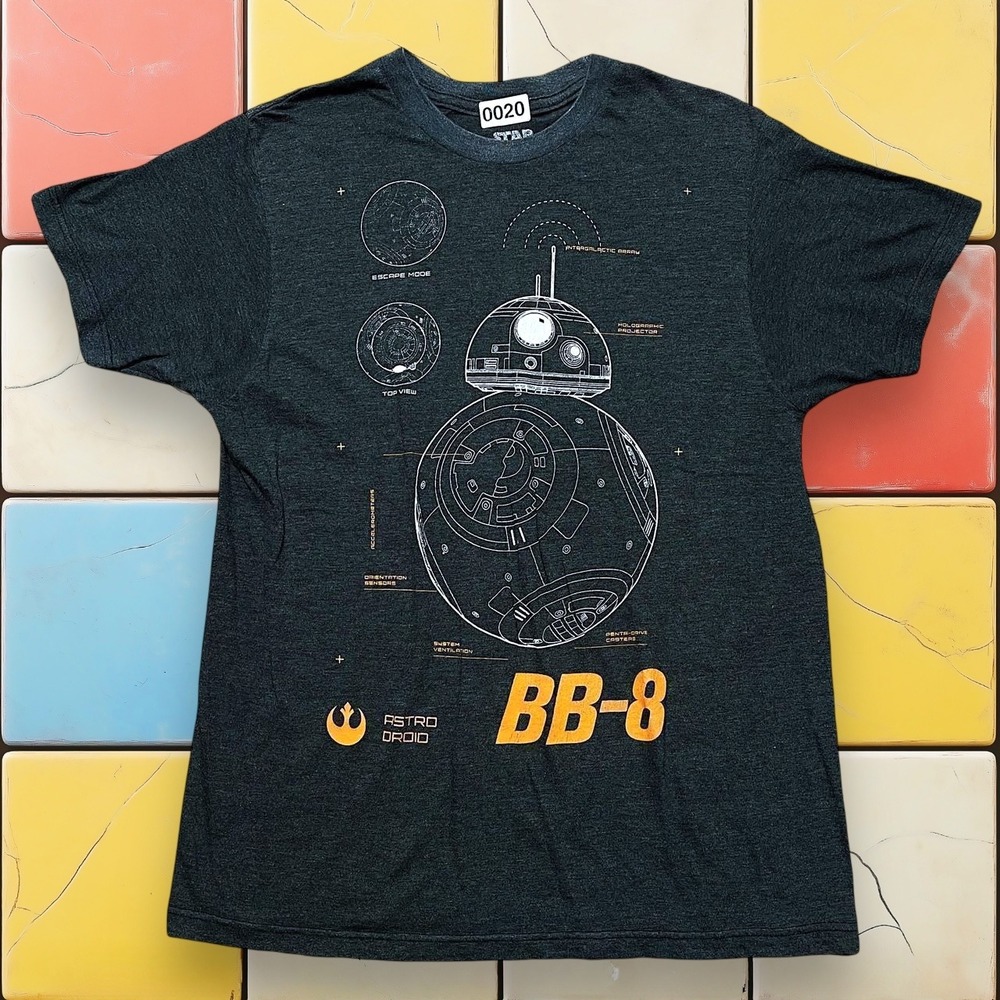 Y2K Star Wars BB-8 Droid Blueprint Tee Grey‎ Sci-Fi Space Movie Shirt Men's M